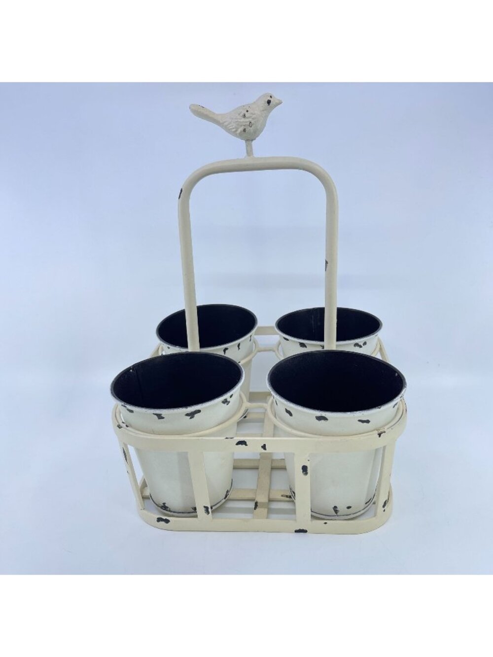metal planter pot caddy with bird finial 4 removable pots shabby chic distressed